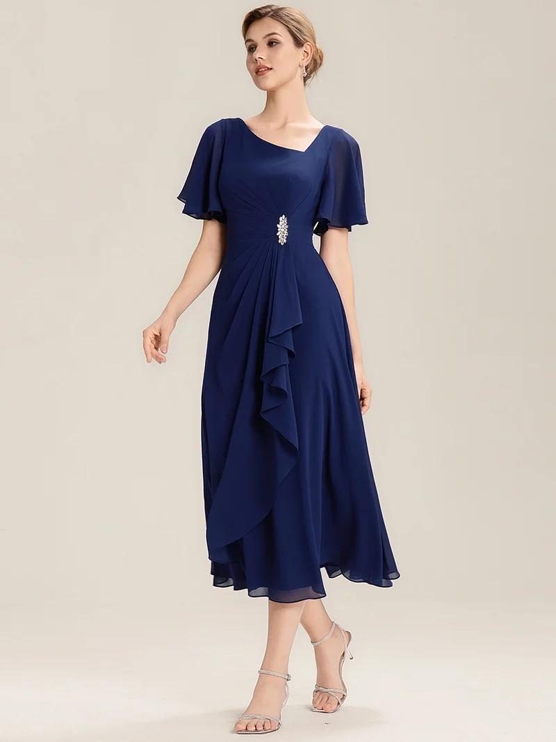 ever LILOU|Robe de soirée mi-longue en mousseline de soie à manches courtes