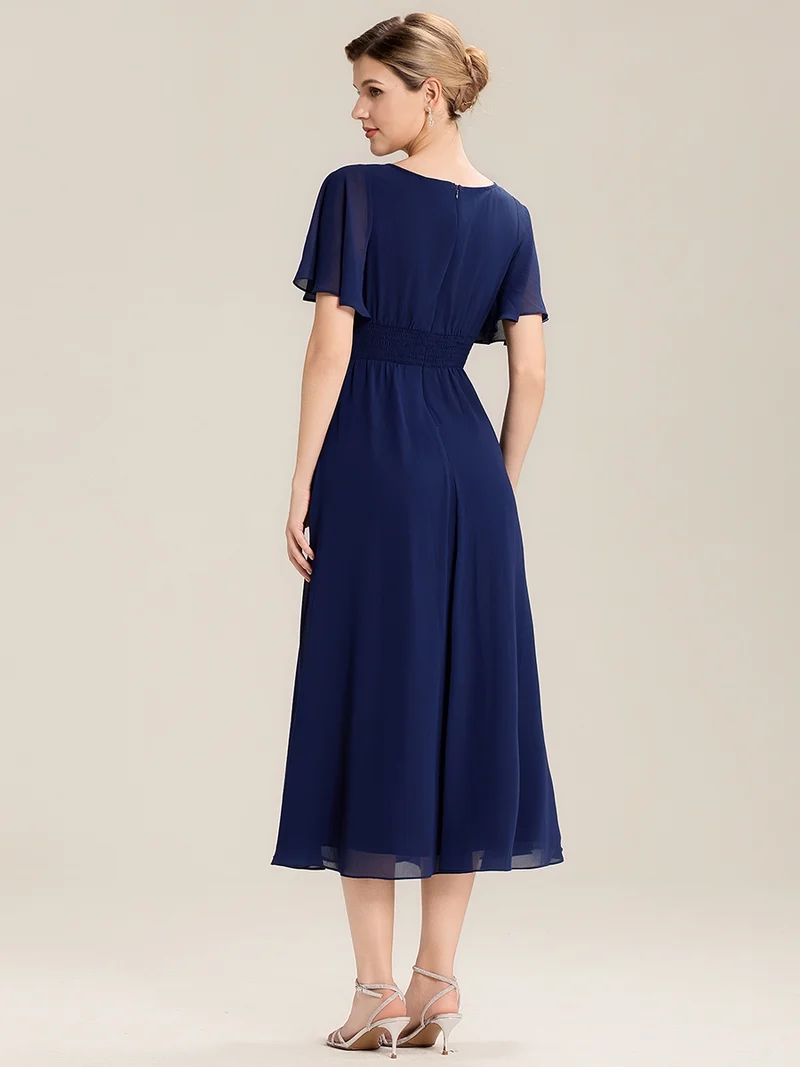 ever LILOU|Robe de soirée mi-longue en mousseline de soie à manches courtes