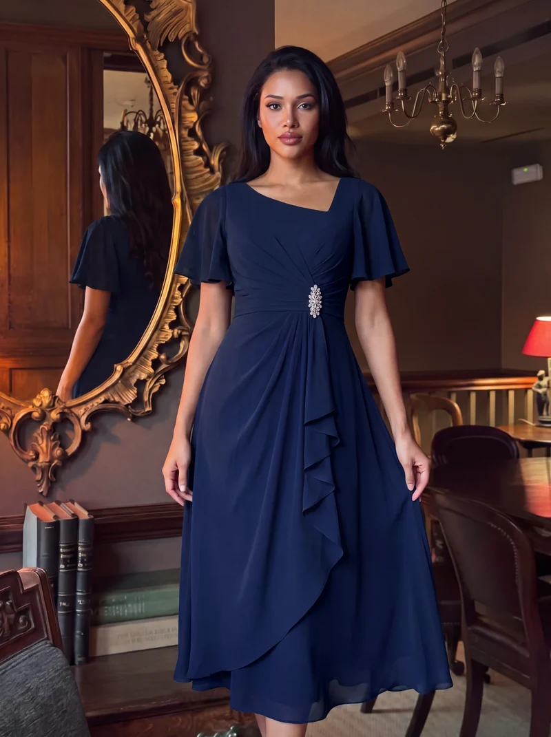 ever LILOU|Robe de soirée mi-longue en mousseline de soie à manches courtes
