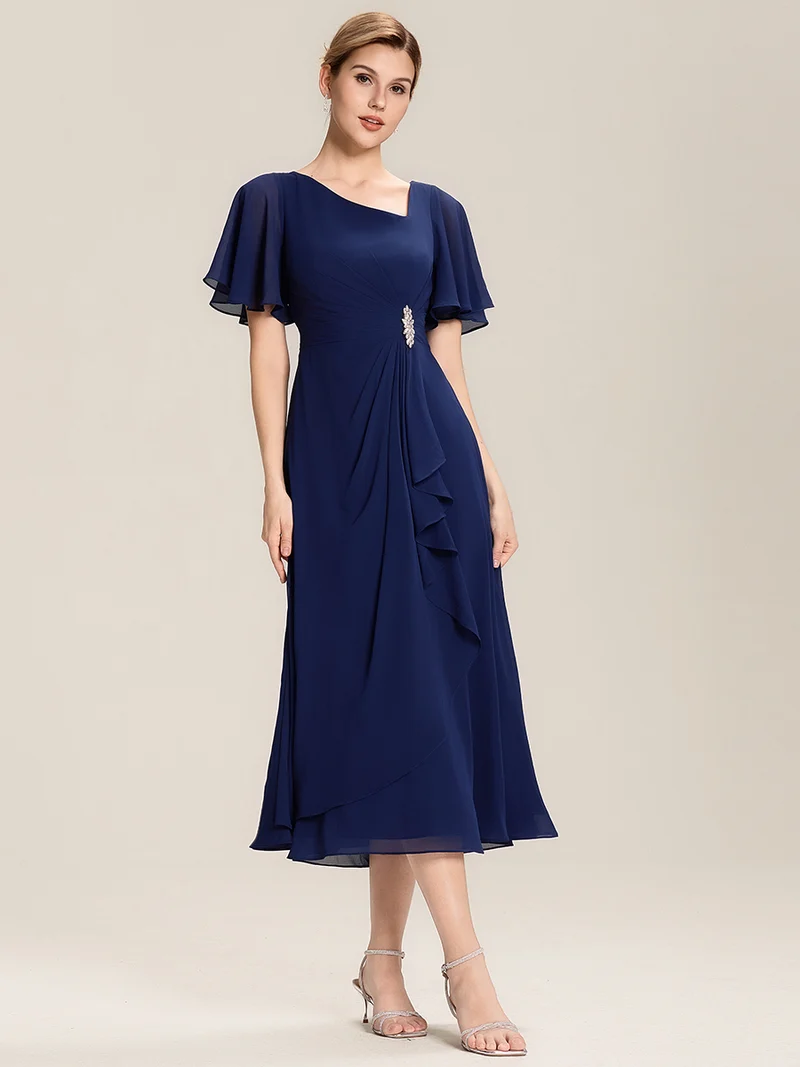 ever LILOU|Robe de soirée mi-longue en mousseline de soie à manches courtes