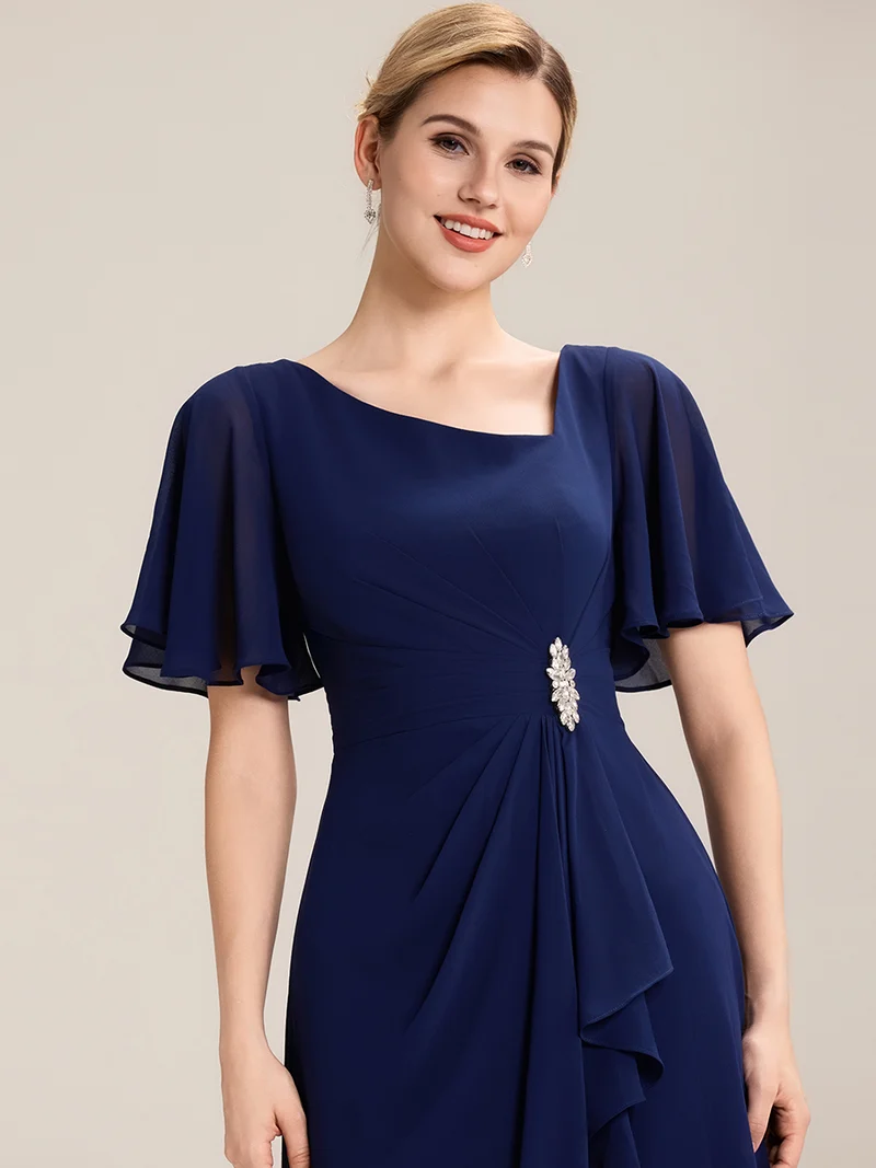 ever LILOU|Robe de soirée mi-longue en mousseline de soie à manches courtes