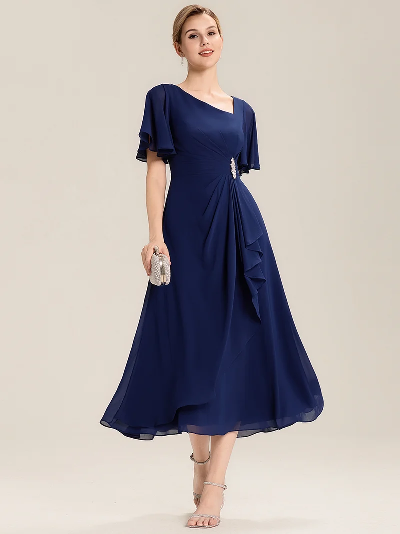 ever LILOU|Robe de soirée mi-longue en mousseline de soie à manches courtes