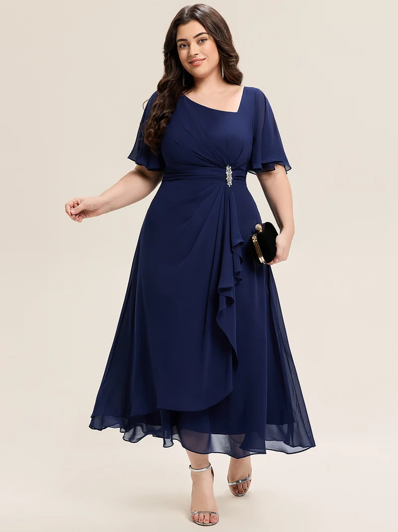 ever LILOU|Robe de soirée mi-longue en mousseline de soie à manches courtes