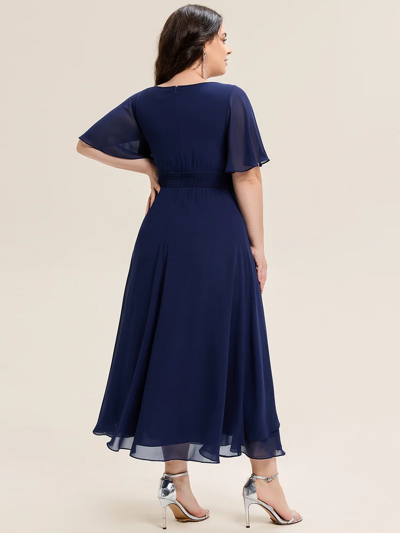 ever LILOU|Robe de soirée mi-longue en mousseline de soie à manches courtes
