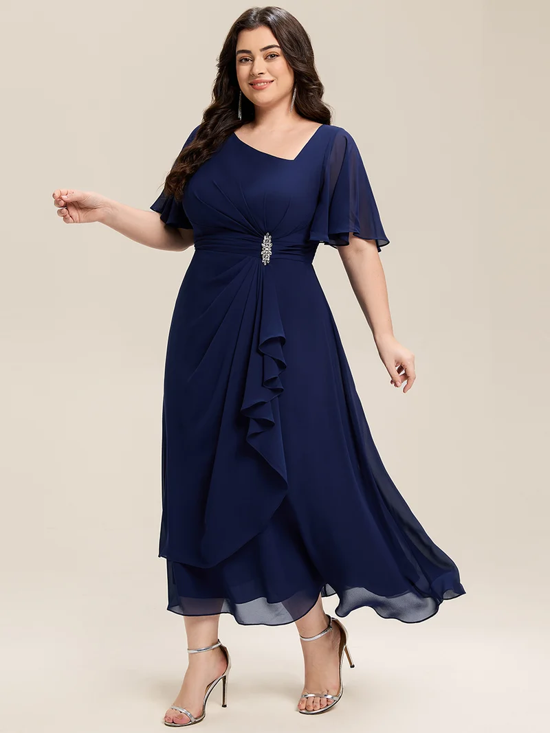 ever LILOU|Robe de soirée mi-longue en mousseline de soie à manches courtes