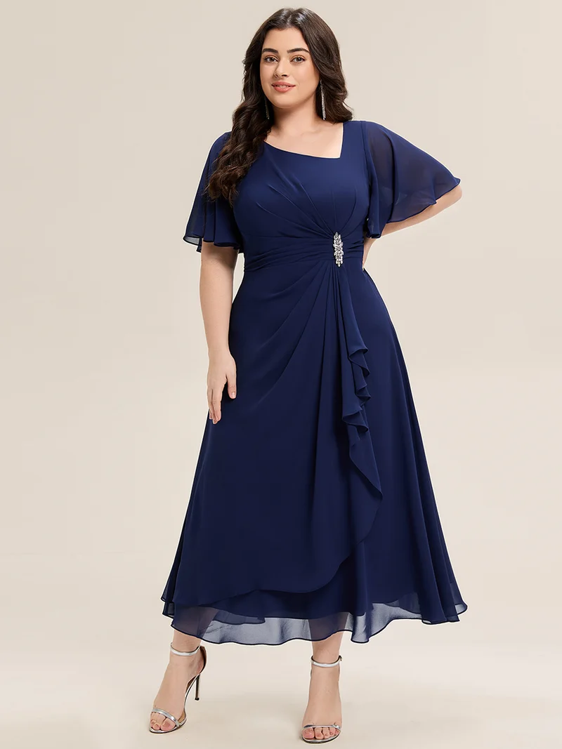 ever LILOU|Robe de soirée mi-longue en mousseline de soie à manches courtes