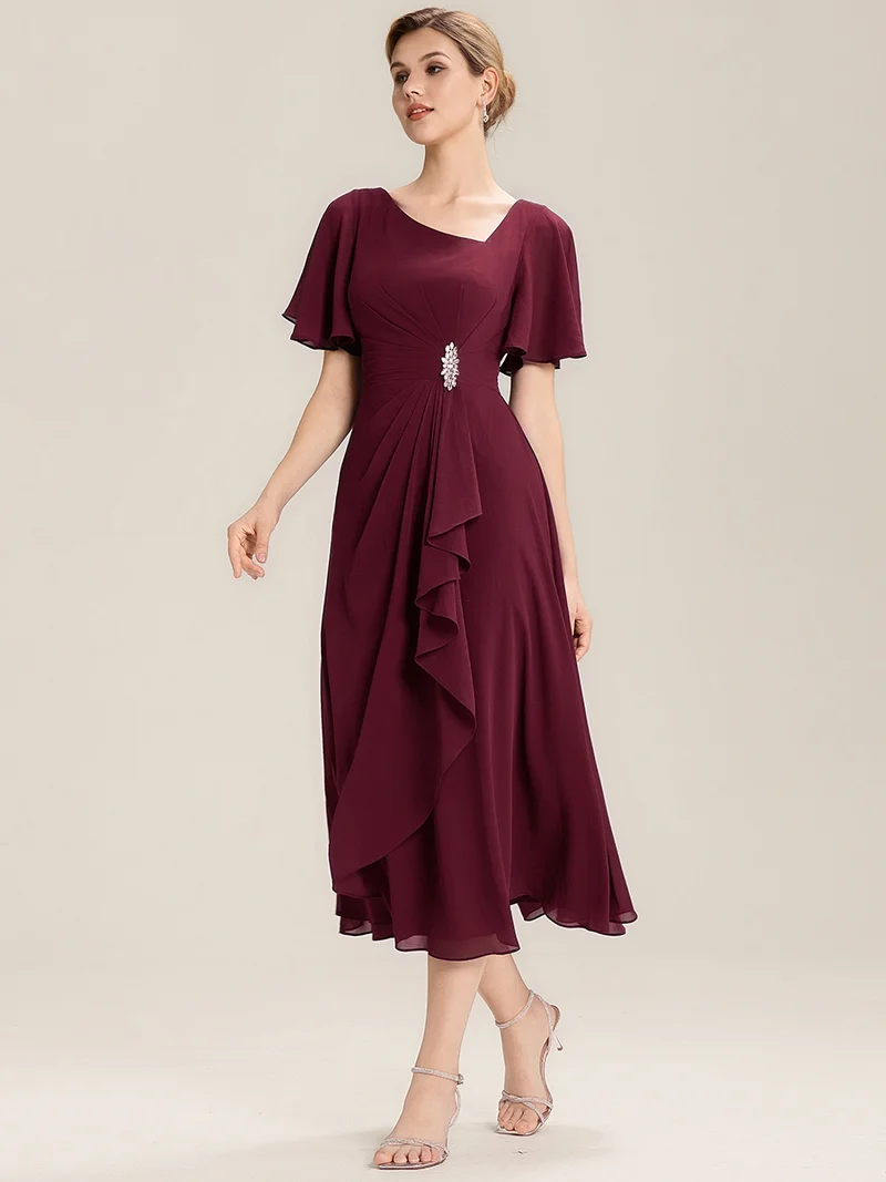 ever LILOU|Robe de soirée mi-longue en mousseline de soie à manches courtes