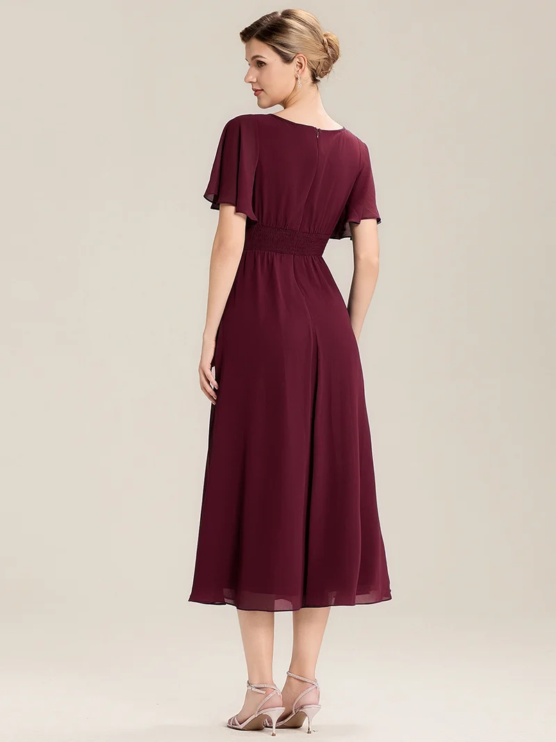 ever LILOU|Robe de soirée mi-longue en mousseline de soie à manches courtes