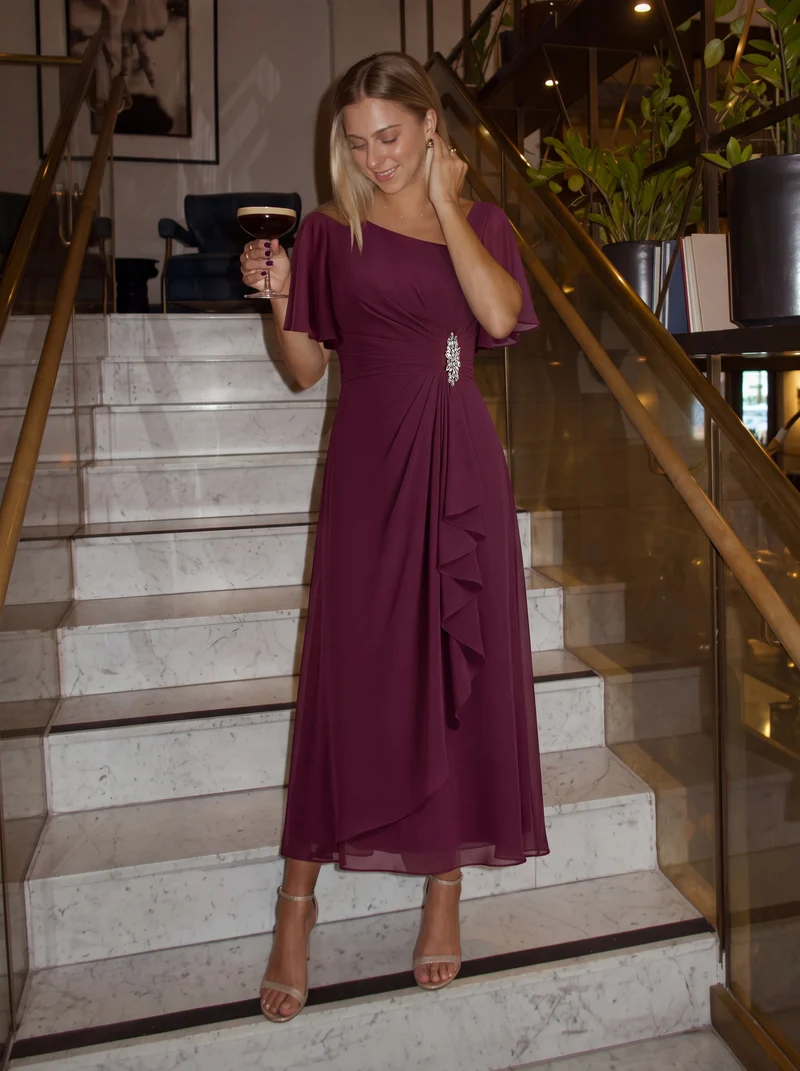 ever LILOU|Robe de soirée mi-longue en mousseline de soie à manches courtes