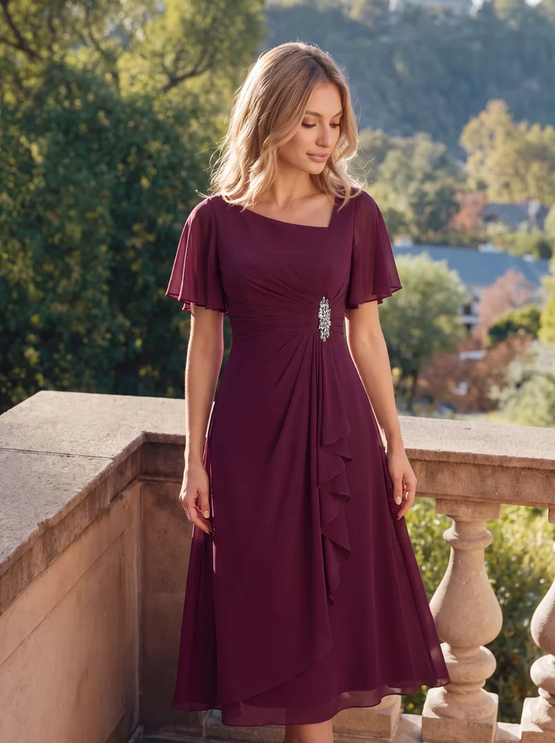 ever LILOU|Robe de soirée mi-longue en mousseline de soie à manches courtes