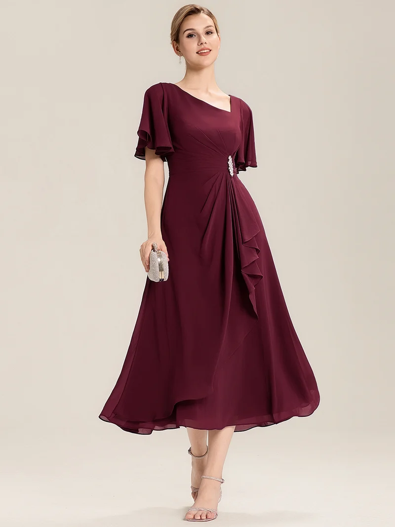 ever LILOU|Robe de soirée mi-longue en mousseline de soie à manches courtes
