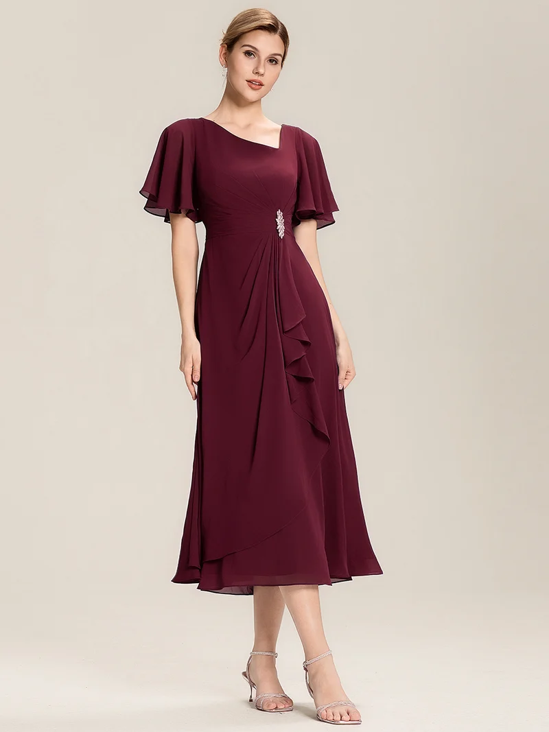 ever LILOU|Robe de soirée mi-longue en mousseline de soie à manches courtes