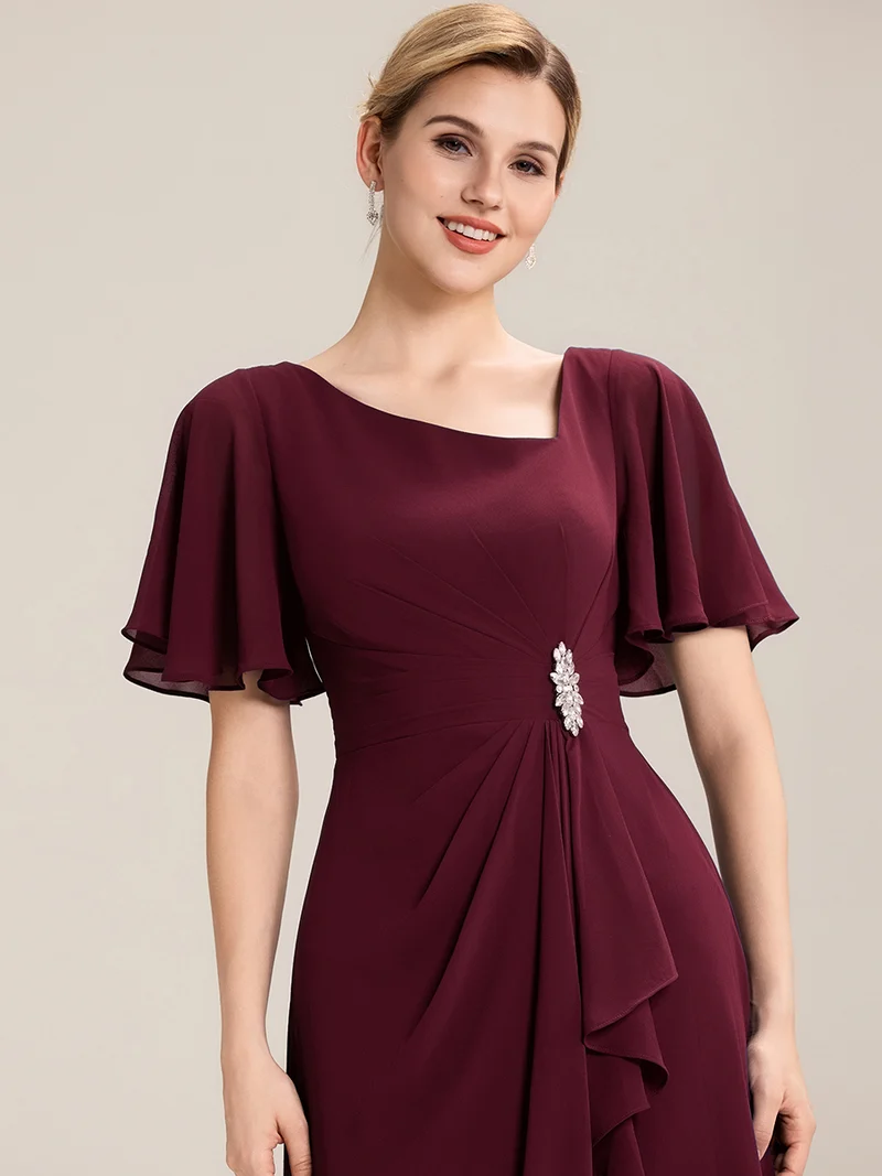 ever LILOU|Robe de soirée mi-longue en mousseline de soie à manches courtes