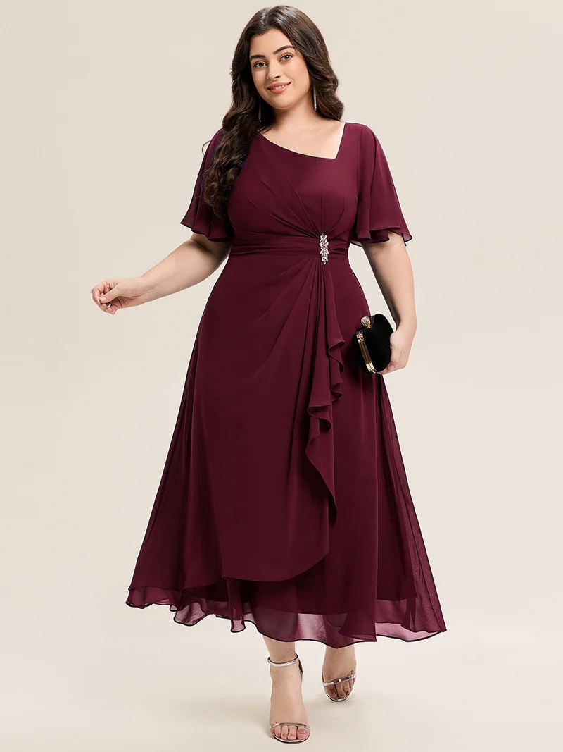 ever LILOU|Robe de soirée mi-longue en mousseline de soie à manches courtes