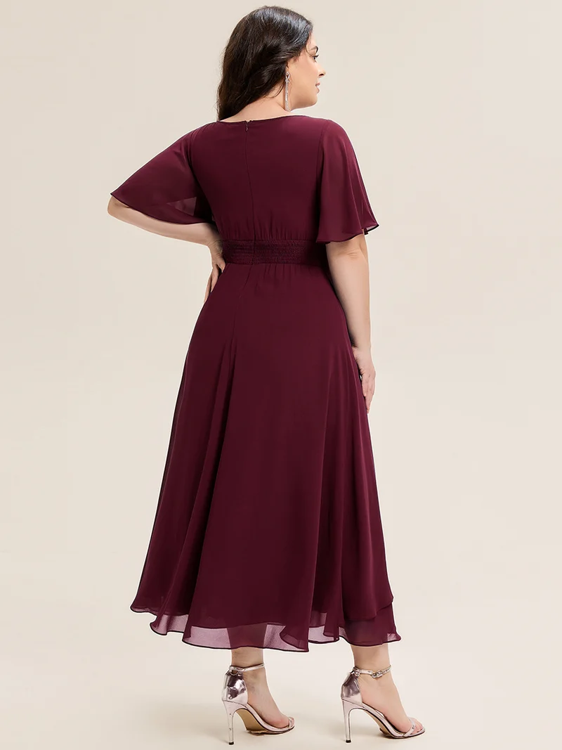 ever LILOU|Robe de soirée mi-longue en mousseline de soie à manches courtes