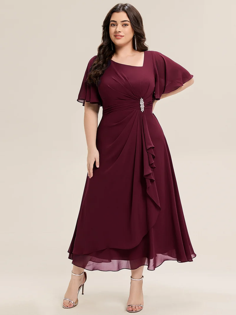 ever LILOU|Robe de soirée mi-longue en mousseline de soie à manches courtes