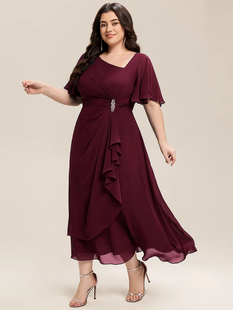 ever LILOU|Robe de soirée mi-longue en mousseline de soie à manches courtes