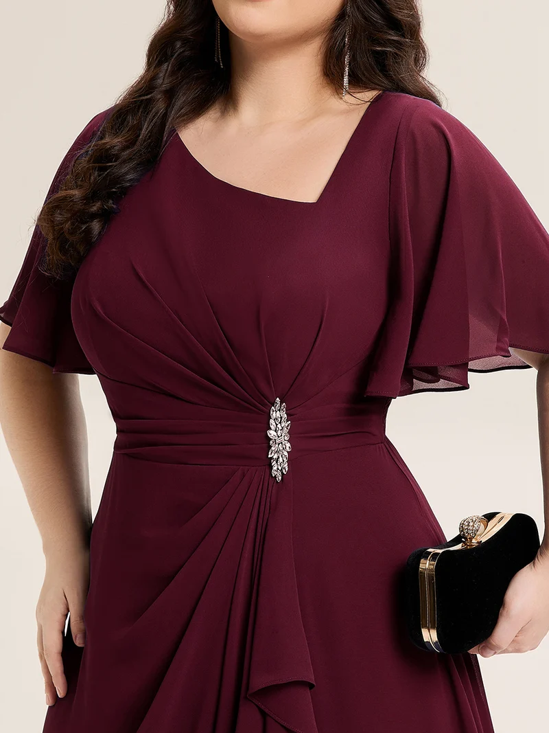 ever LILOU|Robe de soirée mi-longue en mousseline de soie à manches courtes