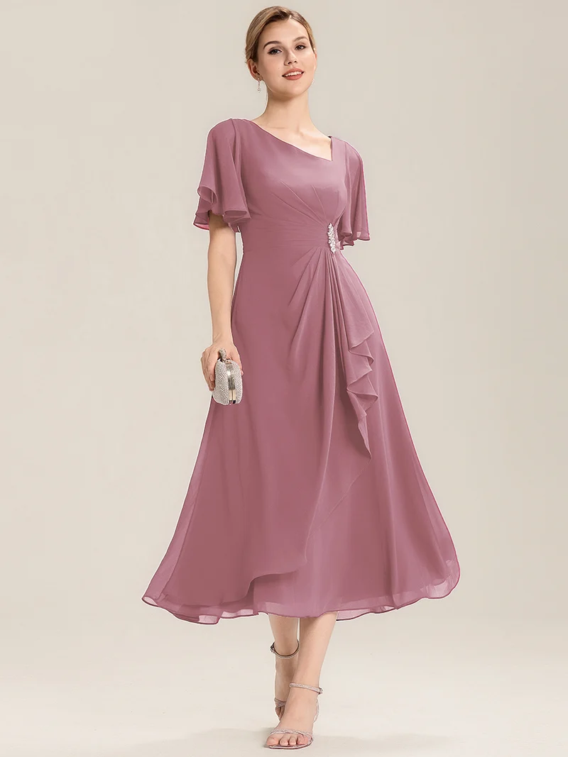 ever LILOU|Robe de soirée mi-longue en mousseline de soie à manches courtes