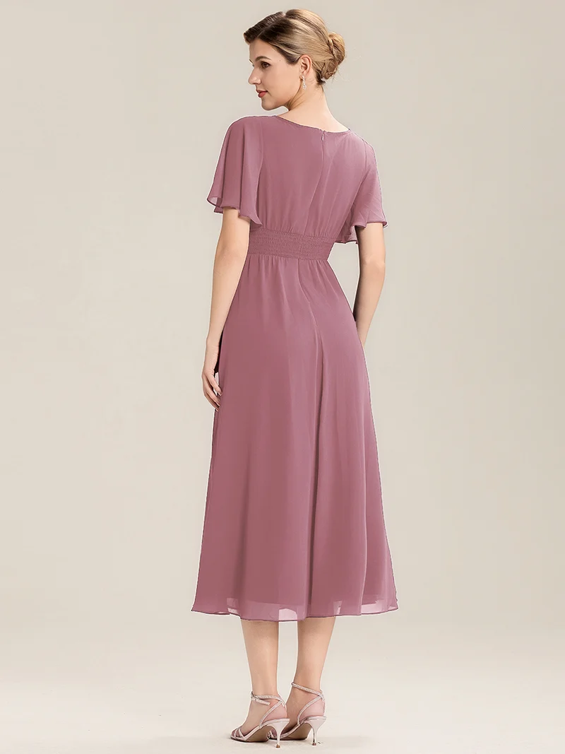 ever LILOU|Robe de soirée mi-longue en mousseline de soie à manches courtes