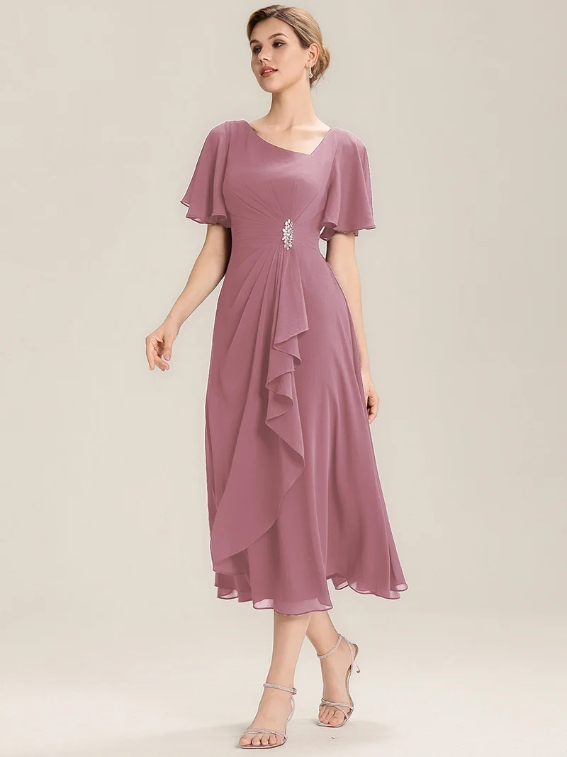 ever LILOU|Robe de soirée mi-longue en mousseline de soie à manches courtes
