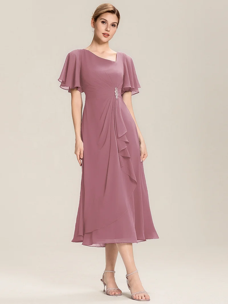 ever LILOU|Robe de soirée mi-longue en mousseline de soie à manches courtes