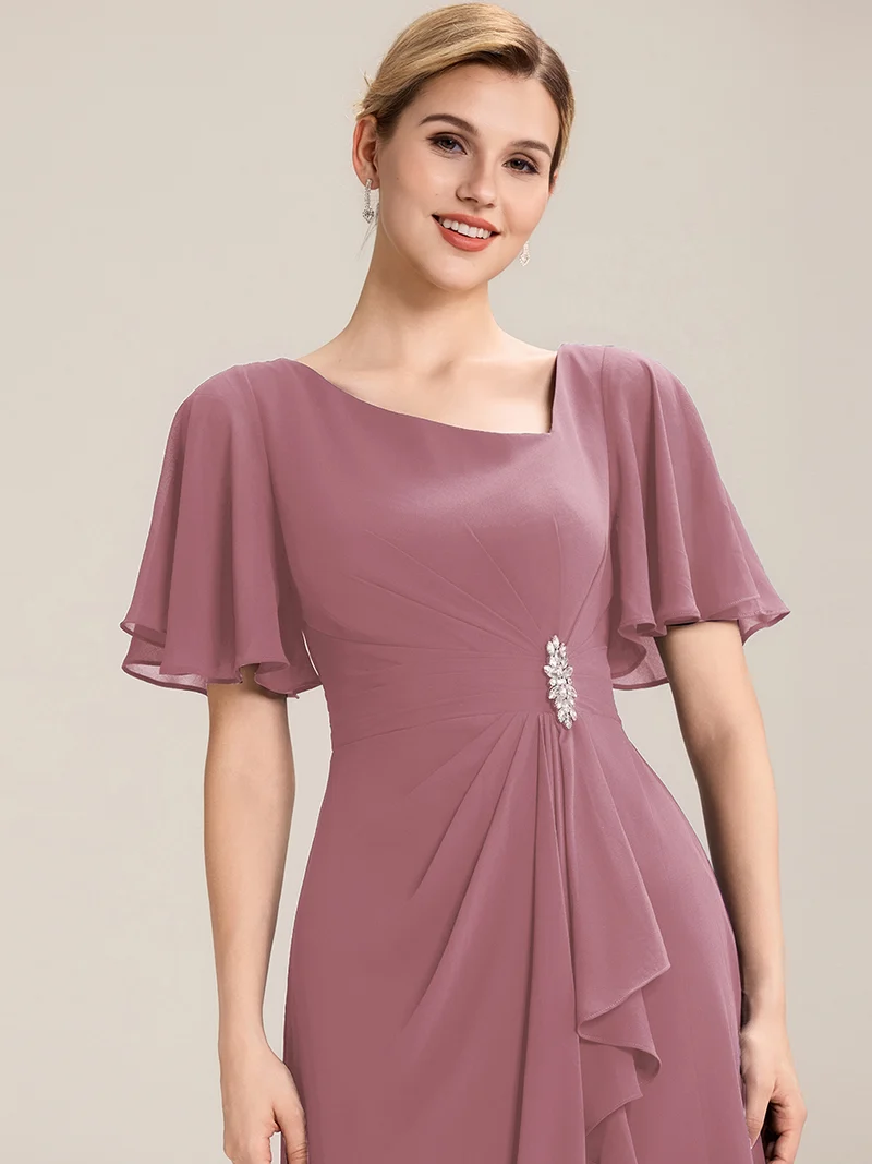 ever LILOU|Robe de soirée mi-longue en mousseline de soie à manches courtes