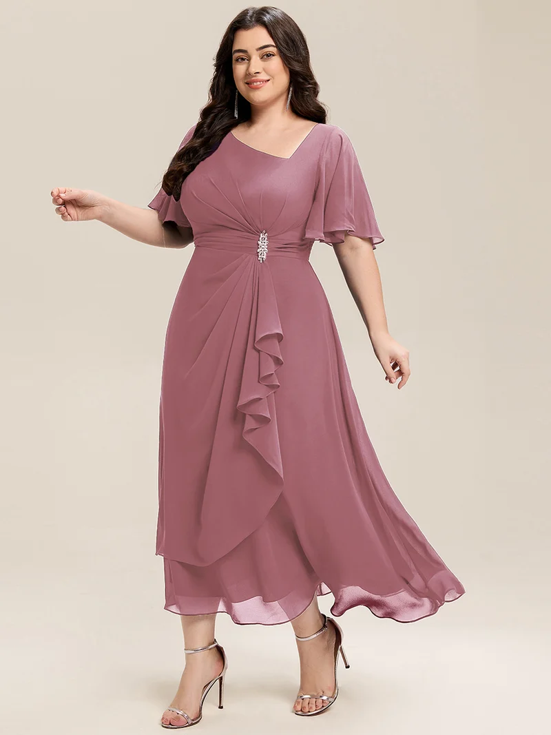 ever LILOU|Robe de soirée mi-longue en mousseline de soie à manches courtes