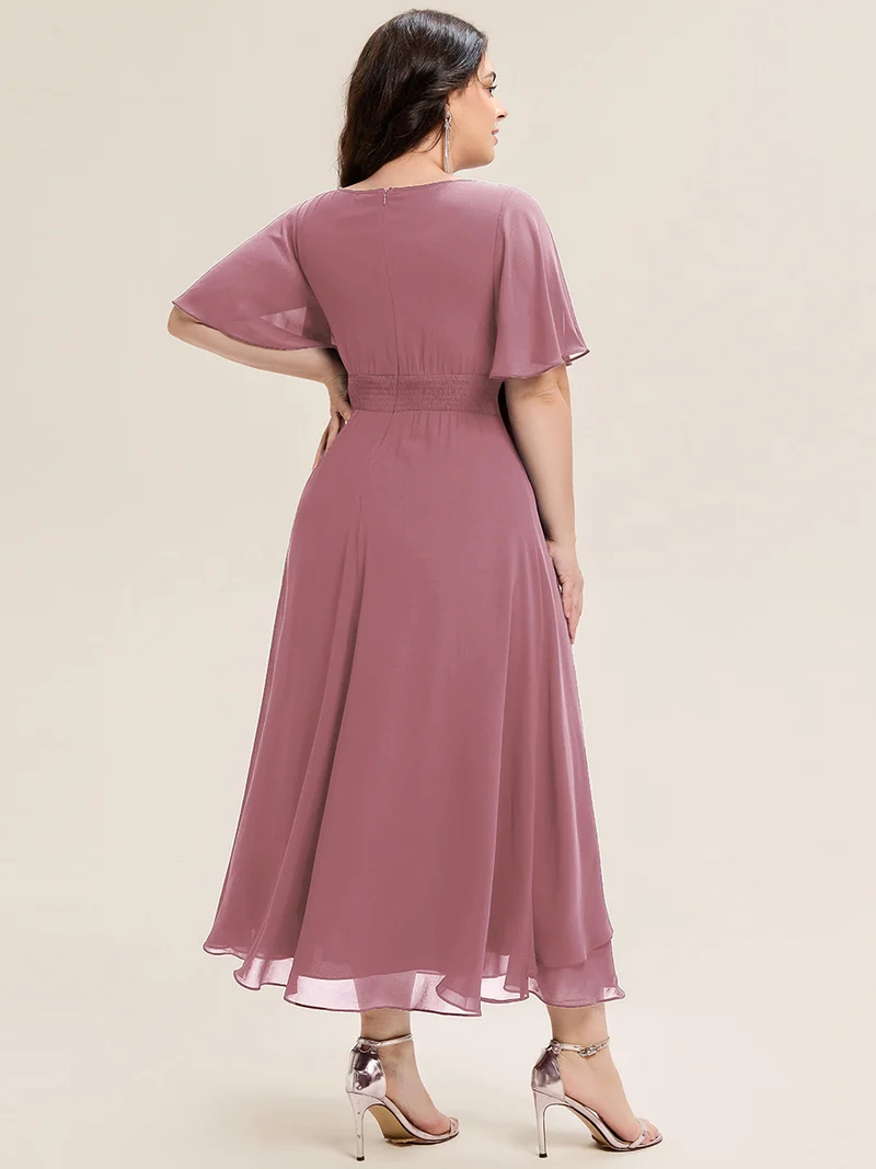 ever LILOU|Robe de soirée mi-longue en mousseline de soie à manches courtes