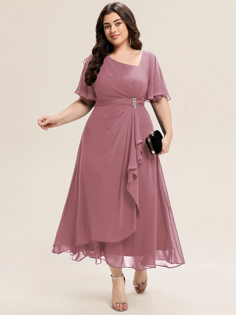 ever LILOU|Robe de soirée mi-longue en mousseline de soie à manches courtes