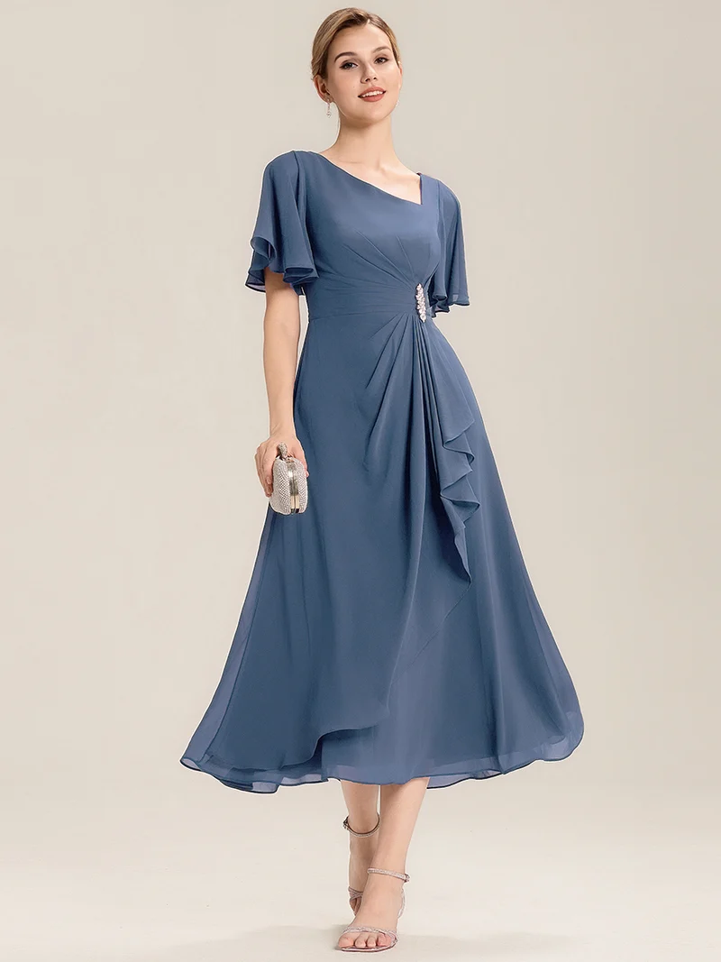 ever LILOU|Robe de soirée mi-longue en mousseline de soie à manches courtes