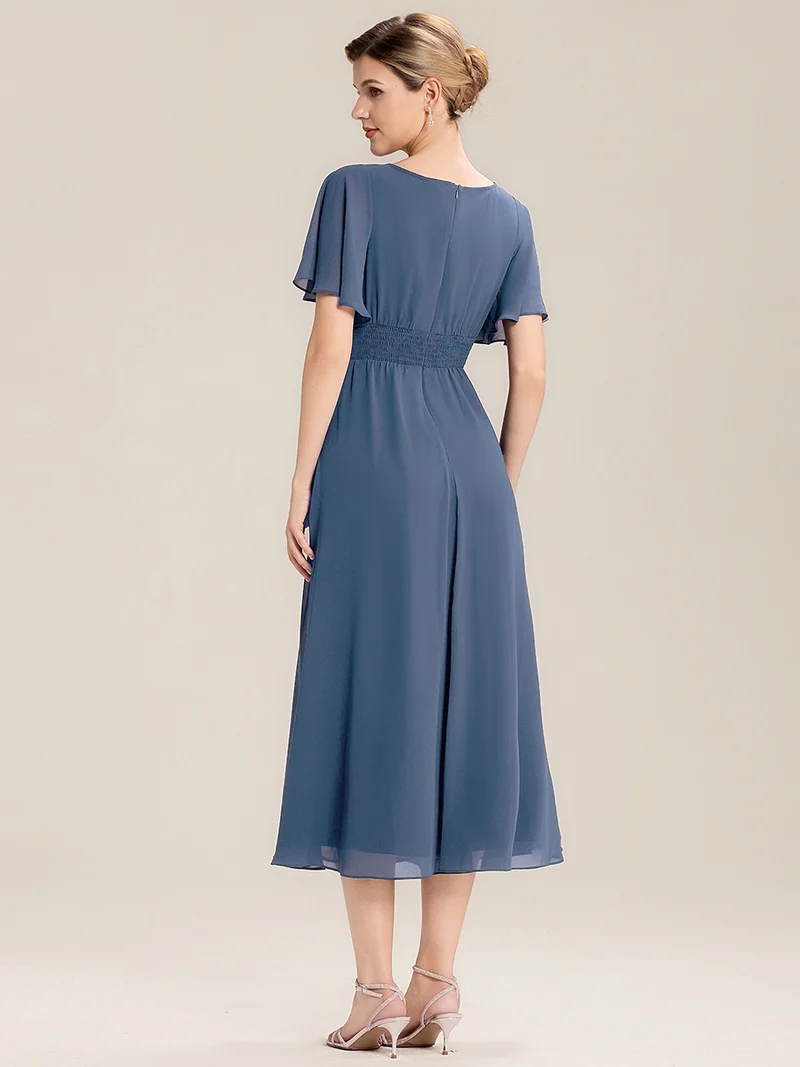 ever LILOU|Robe de soirée mi-longue en mousseline de soie à manches courtes