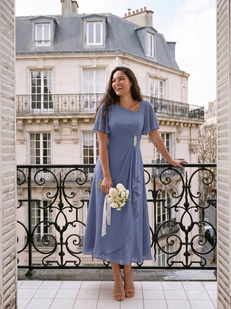 ever LILOU|Robe de soirée mi-longue en mousseline de soie à manches courtes