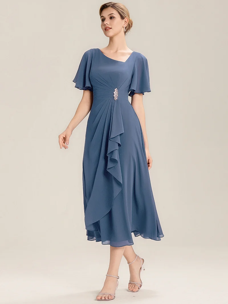 ever LILOU|Robe de soirée mi-longue en mousseline de soie à manches courtes