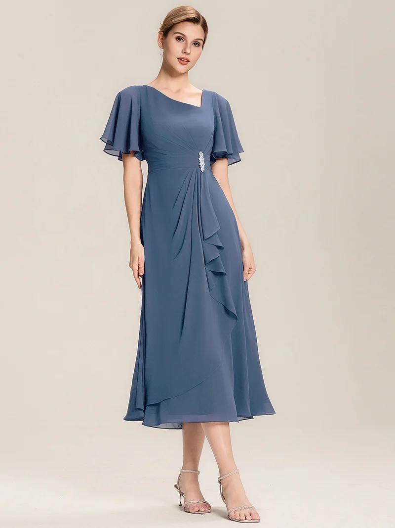 ever LILOU|Robe de soirée mi-longue en mousseline de soie à manches courtes