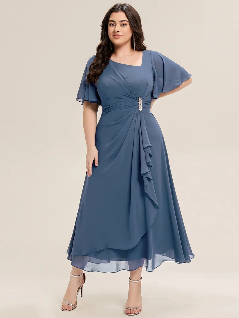 ever LILOU|Robe de soirée mi-longue en mousseline de soie à manches courtes