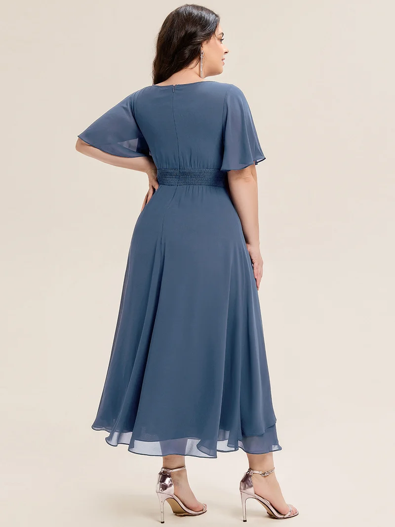 ever LILOU|Robe de soirée mi-longue en mousseline de soie à manches courtes