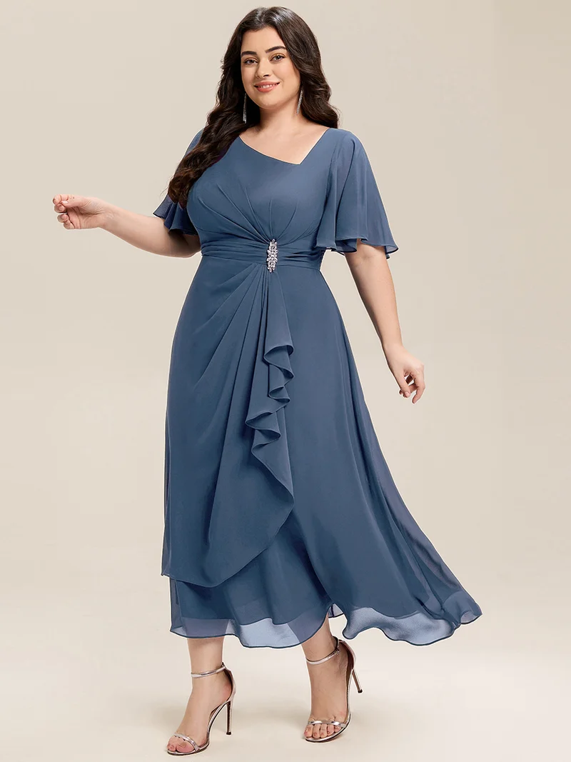 ever LILOU|Robe de soirée mi-longue en mousseline de soie à manches courtes