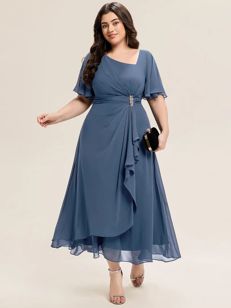 ever LILOU|Robe de soirée mi-longue en mousseline de soie à manches courtes