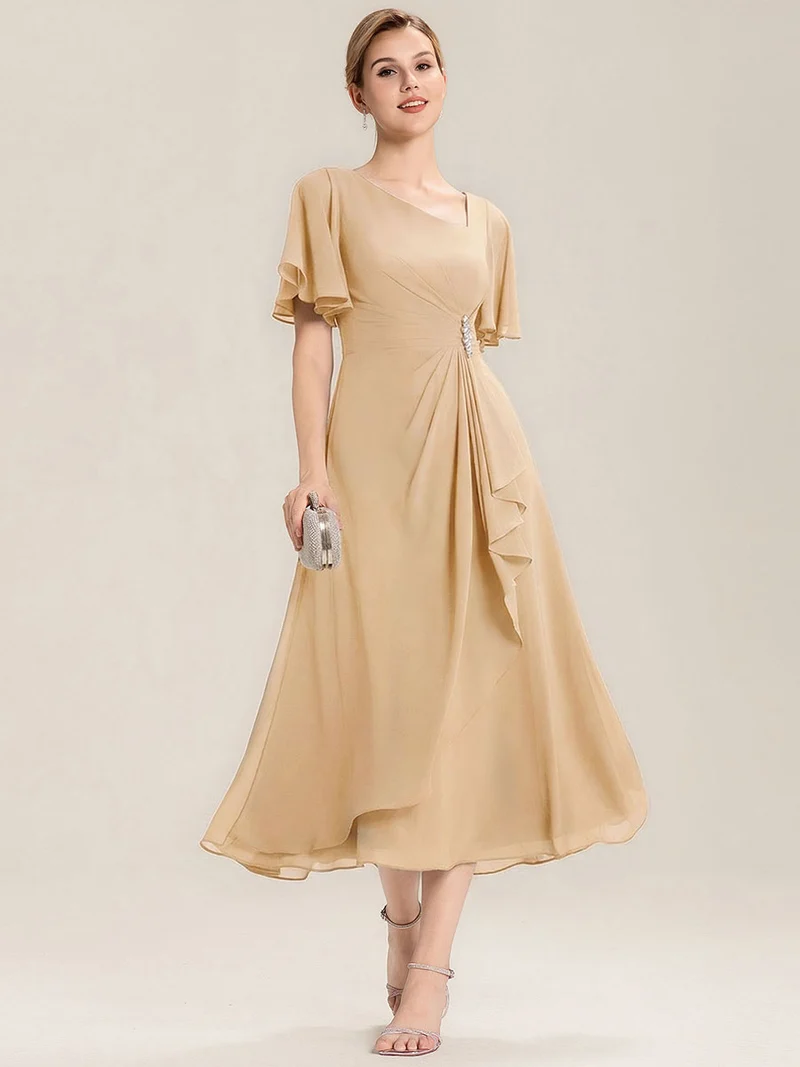 ever LILOU|Robe de soirée mi-longue en mousseline de soie à manches courtes