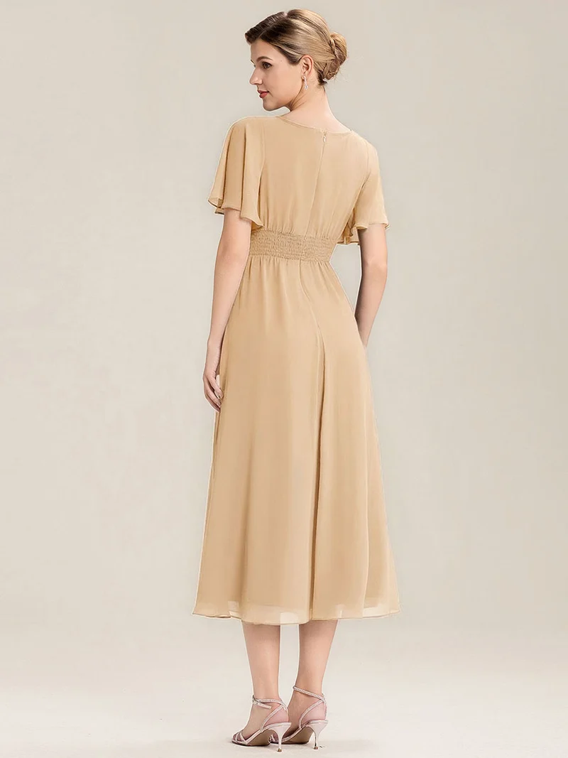 ever LILOU|Robe de soirée mi-longue en mousseline de soie à manches courtes