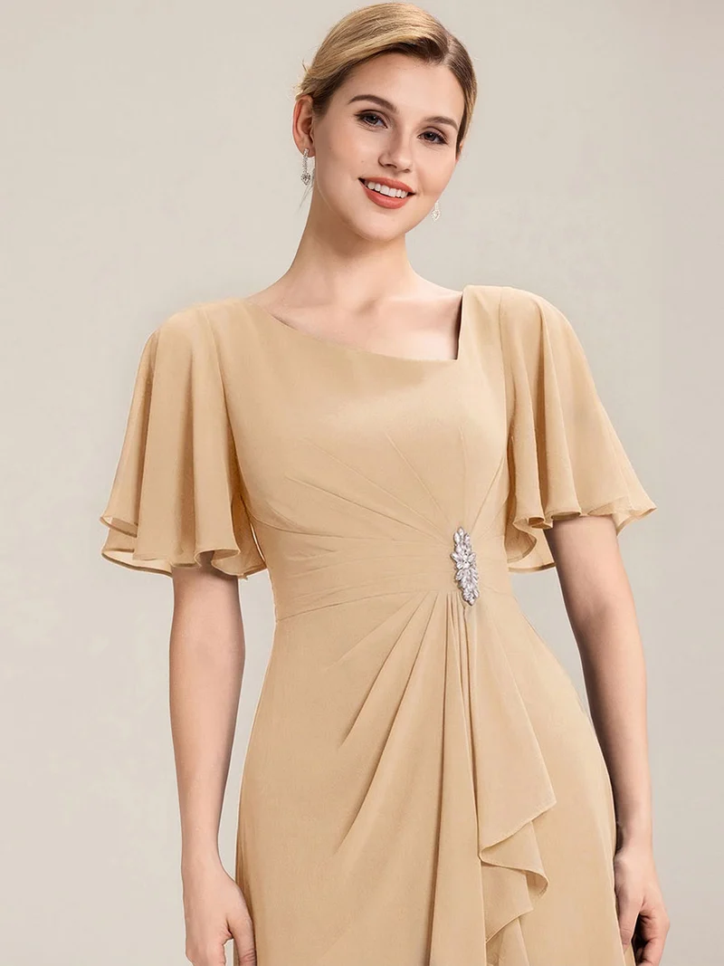 ever LILOU|Robe de soirée mi-longue en mousseline de soie à manches courtes