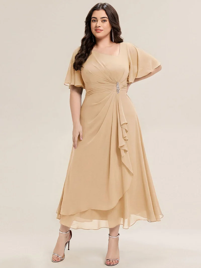 ever LILOU|Robe de soirée mi-longue en mousseline de soie à manches courtes