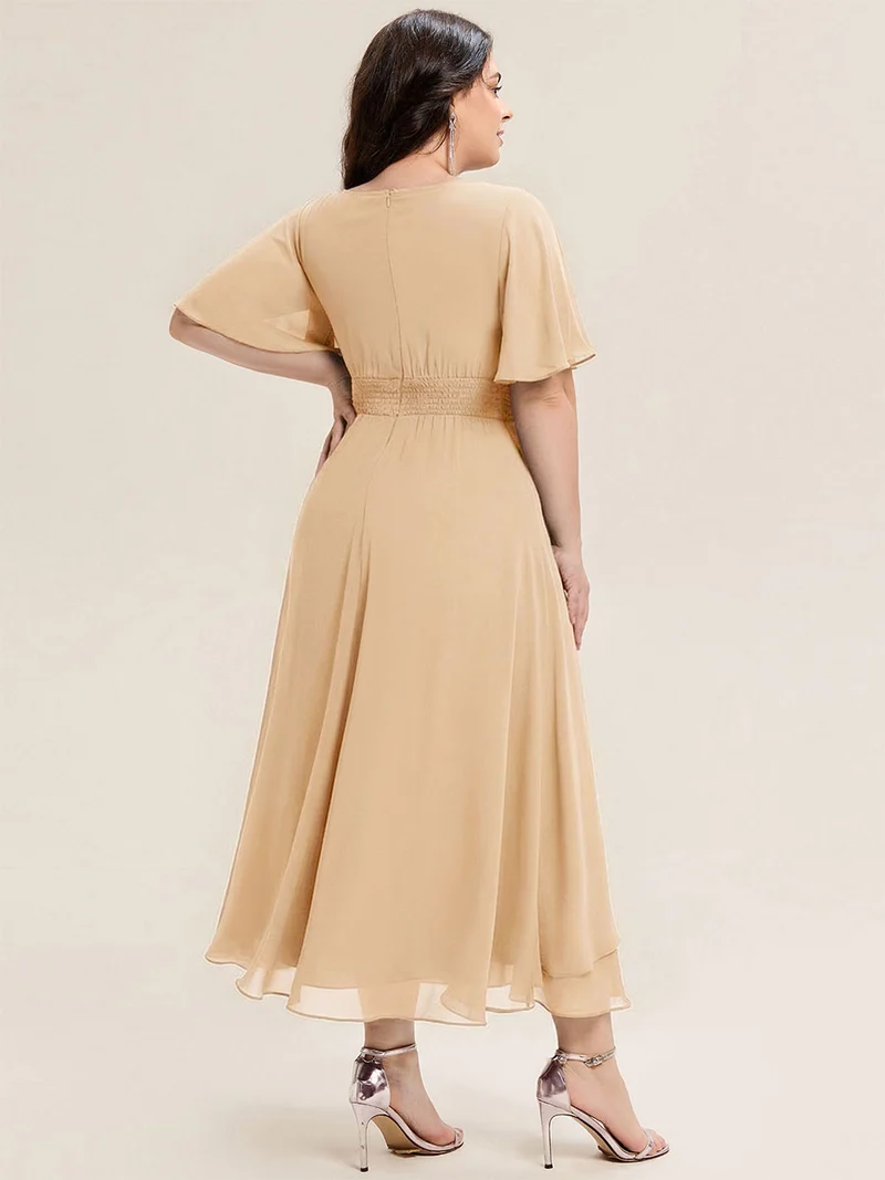 ever LILOU|Robe de soirée mi-longue en mousseline de soie à manches courtes