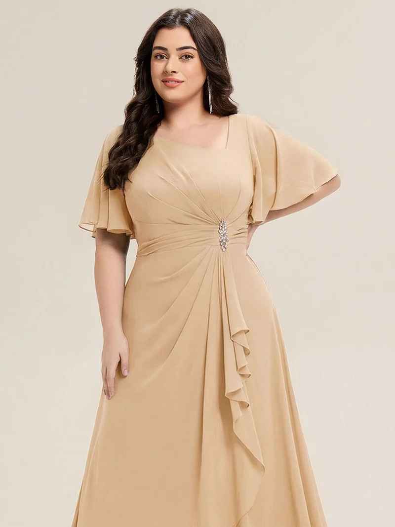 ever LILOU|Robe de soirée mi-longue en mousseline de soie à manches courtes