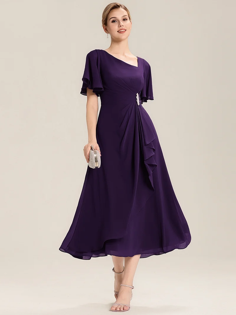 ever LILOU|Robe de soirée mi-longue en mousseline de soie à manches courtes
