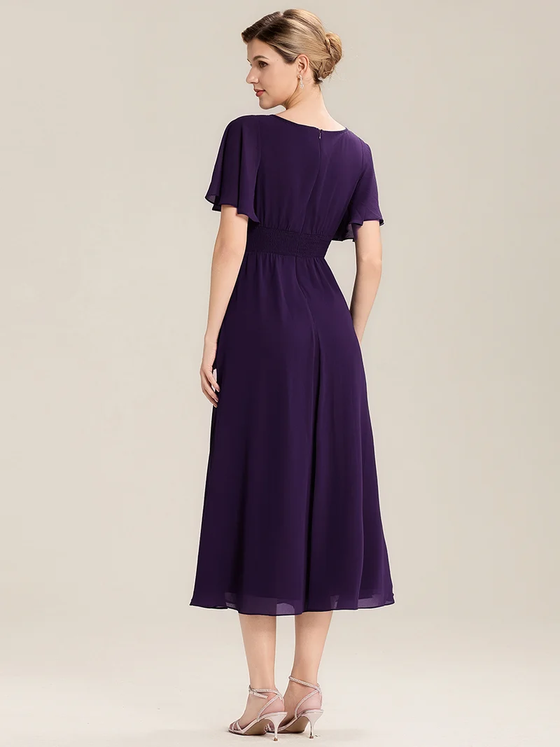 ever LILOU|Robe de soirée mi-longue en mousseline de soie à manches courtes