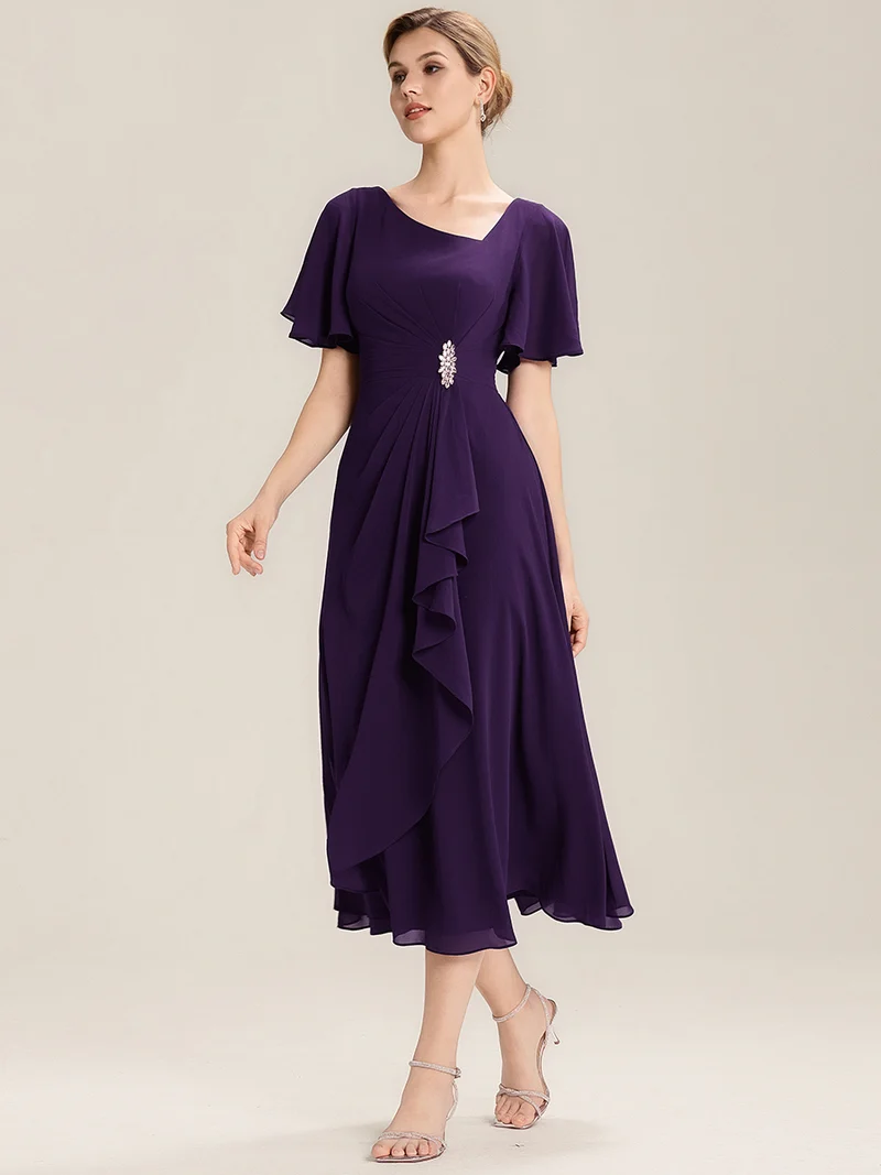 ever LILOU|Robe de soirée mi-longue en mousseline de soie à manches courtes