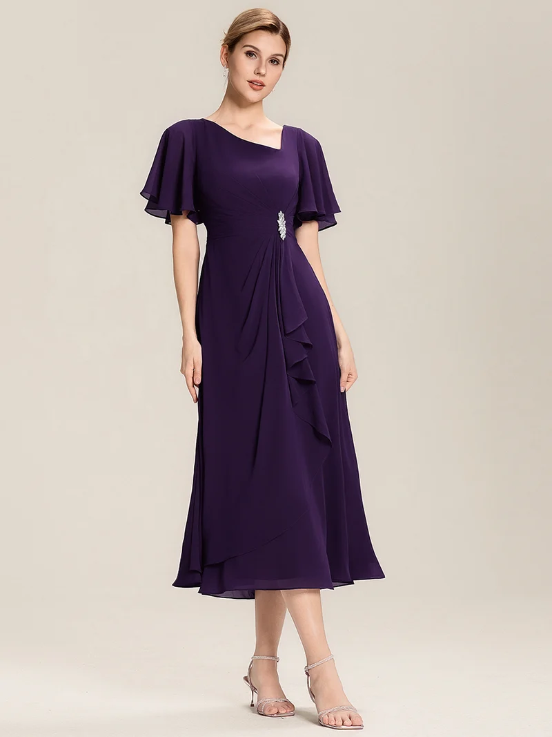 ever LILOU|Robe de soirée mi-longue en mousseline de soie à manches courtes