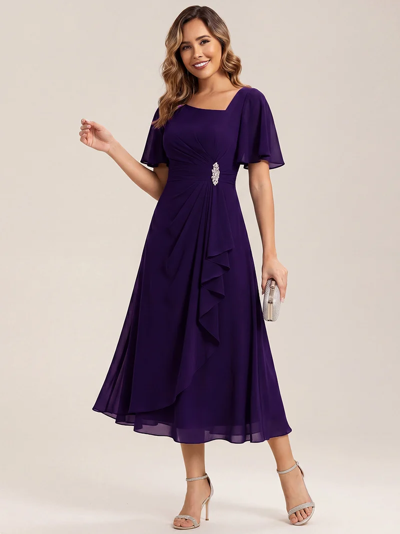 ever LILOU|Robe de soirée mi-longue en mousseline de soie à manches courtes